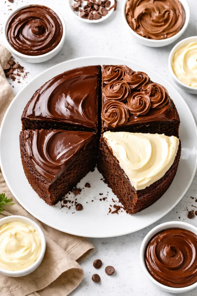 Easiest One Bowl Chocolate Cake For Beginners 10 Quartered chocolate cake showing four frosting textures on plate