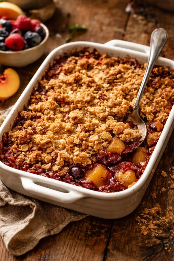 15 Fool Proof Dessert Recipes for Bad Bakers 10 Golden fruit crisp in a baking dish with crumb topping