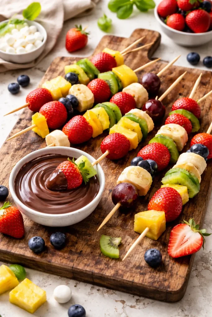 12 Fun Family Night Desserts to Make Together 8 Colorful fruit skewers with chocolate dip on a wooden board