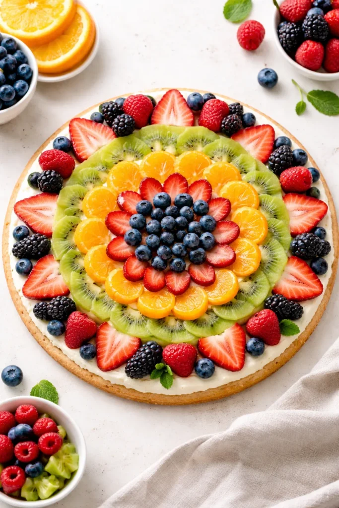 15 Crowd-Pleasing Desserts for Summer BBQs 8 Fruit pizza with cream cheese frosting and colorful fruit toppings