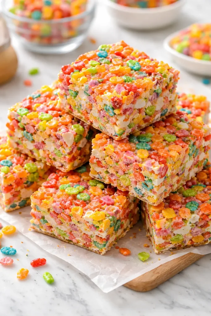 Close-up of colorful Fruity Pebbles marshmallow bars on parchment