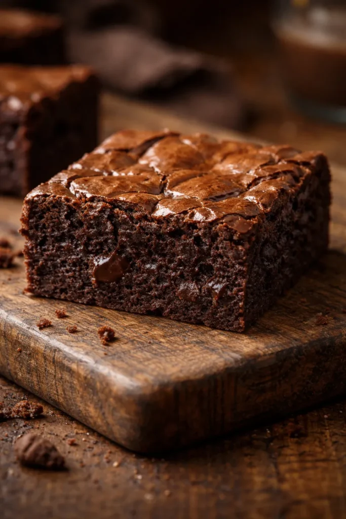 8 Easy Chocolate Dessert Recipes to Try 3 Glossy fudgy brownie square with cracked top on a wooden board.