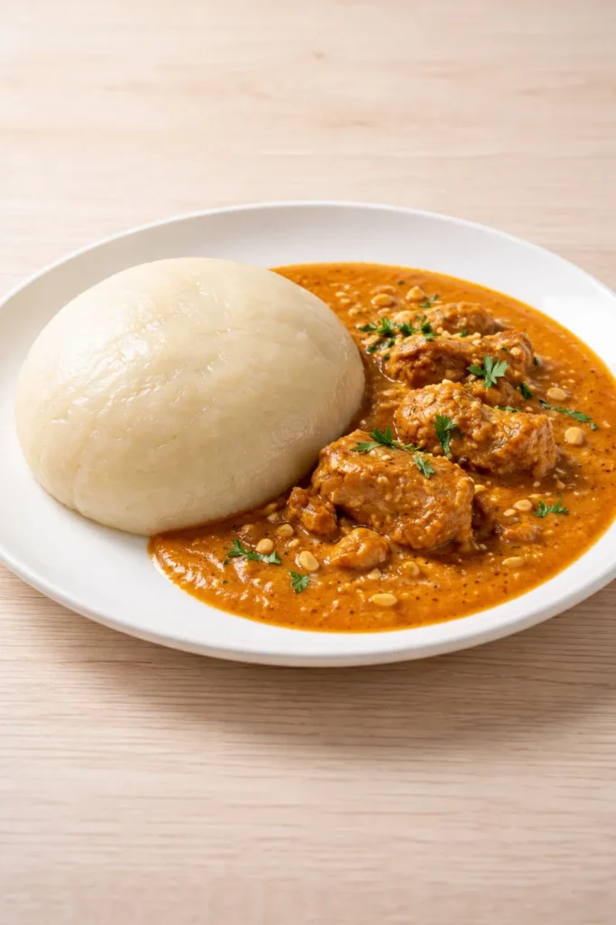 10 West African Recipes to Try at Home 5 Fufu with groundnut soup on a clean plate, minimal background.