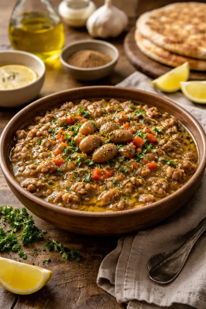 10 Middle Eastern Recipes Easy to Make at Home 9 Ful medames in a rustic bowl with olive oil and garlic