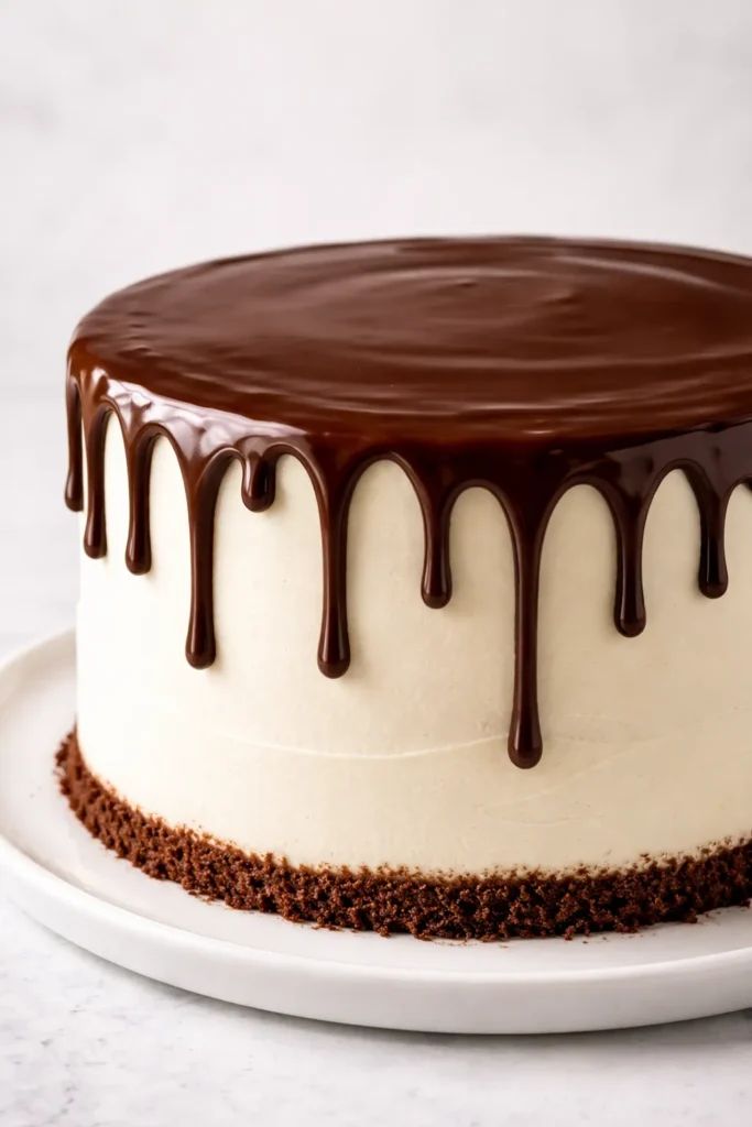 Cake with glossy chocolate ganache dripping down the sides.