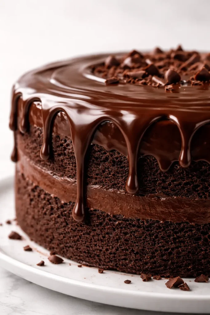 Rich Chocolate Ganache Cake for Birthdays 3 Glossy ganache glaze dripping down the cake
