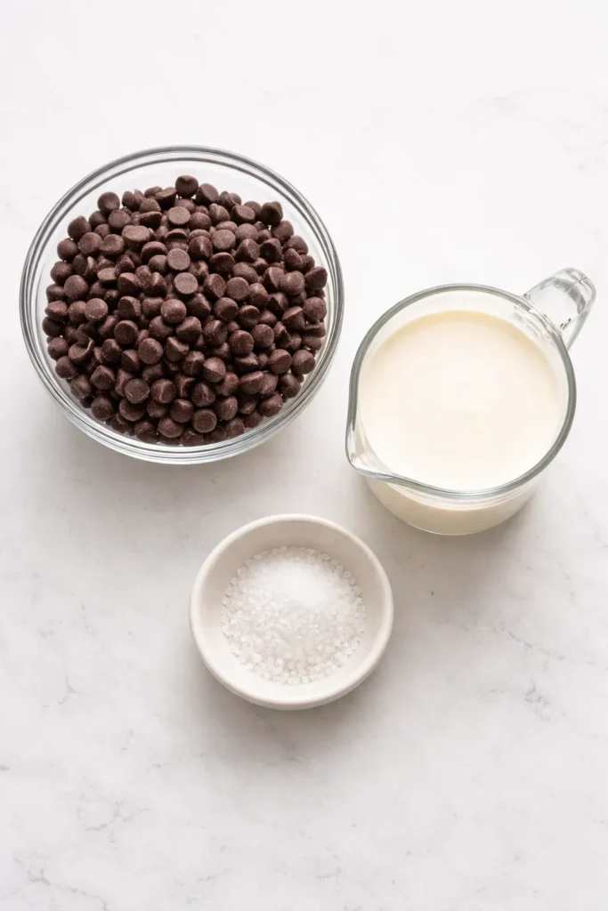 Close-up of keto ganache ingredients: chocolate chips, cream, and salt arranged on a clean surface.