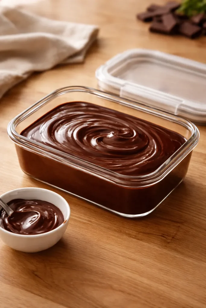 A glossy ganache-filled airtight container on wood surface