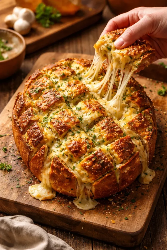 8 Game Night Snacks Everyone Fights Over 4 Pull-apart cheesy garlic bread with melted cheese stretching as piece is pulled