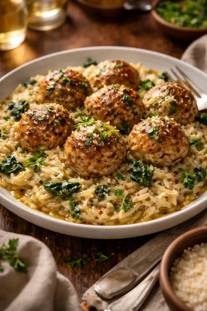 Chicken meatballs in garlic butter sauce with creamy parmesan orzo.