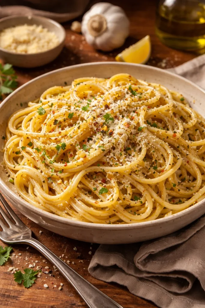 10 Easy Dinners for When You're Too Tired 4 Pasta with garlic butter and parmesan in a rustic bowl