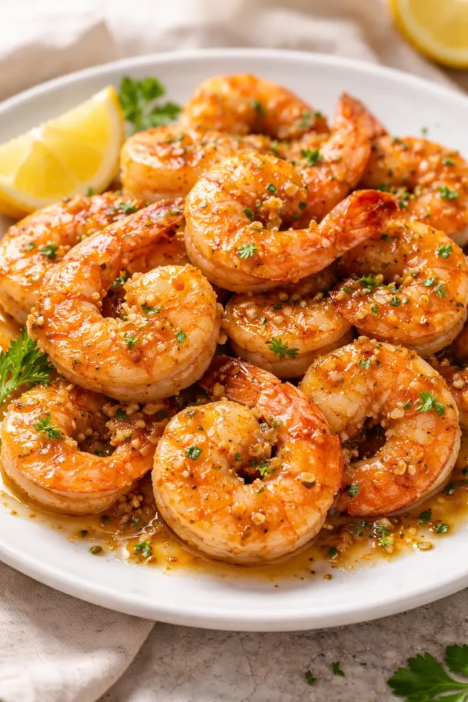 Shrimp in garlic butter sauce on plate