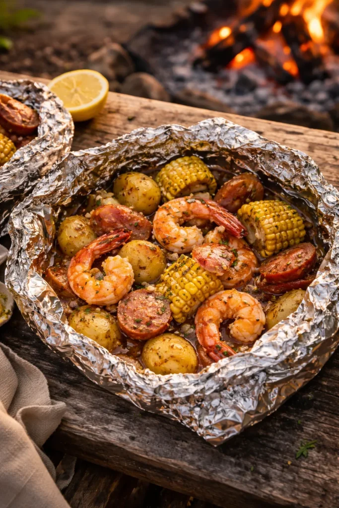 Opened foil packet with shrimp, sausage, corn and potatoes in garlic butter