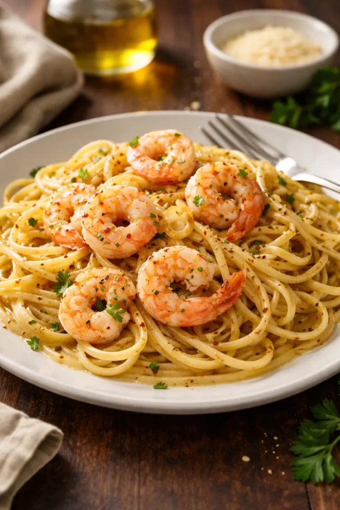 10 Easy Dinners for One That Feel Like a Treat 1 Close-up of garlic butter shrimp pasta plated on a white dish