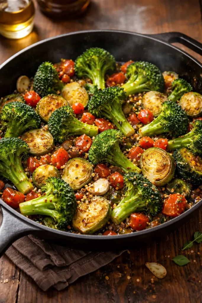 8 Roasted Broccoli and Sprout Side Dishes 5 Skillet with butter, garlic, broccoli, Brussels sprouts and tomato