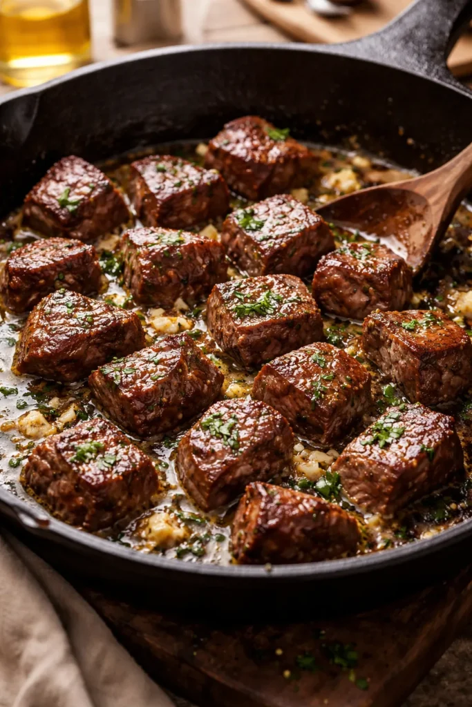 10 Easy Steak Dinners for Any Weeknight 4 Close-up of garlic butter steak bites in a skillet