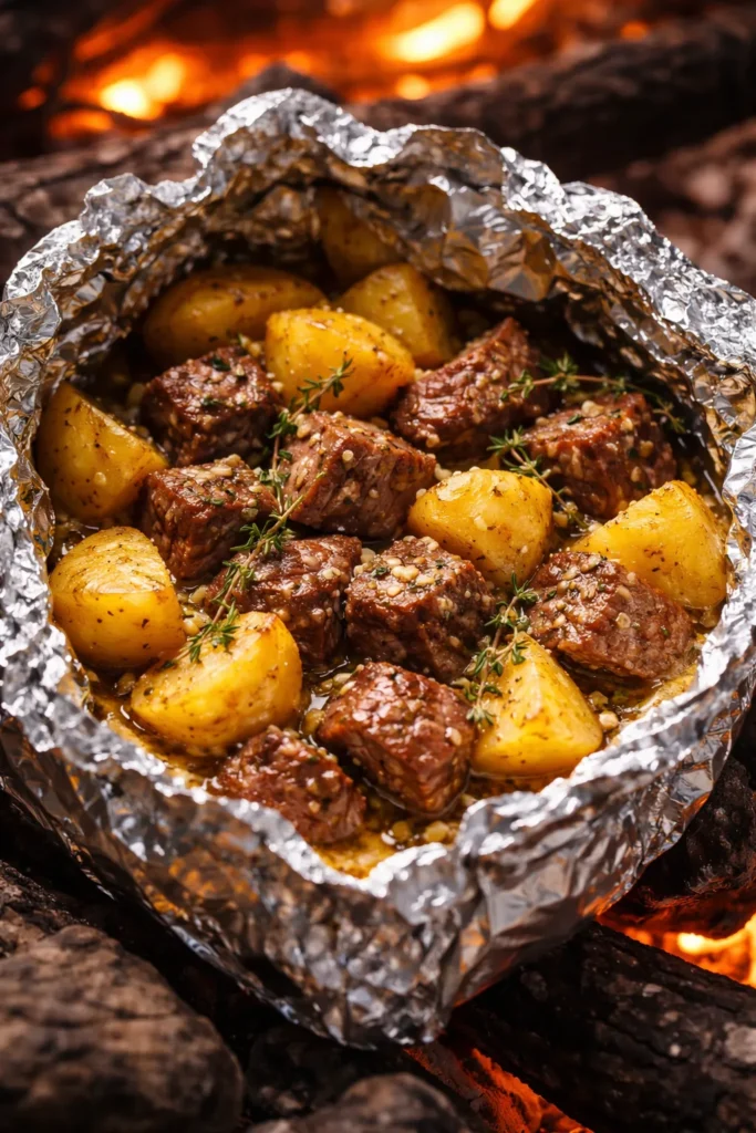 Opened foil packet with steak pieces and Yukon Gold potatoes in garlic butter