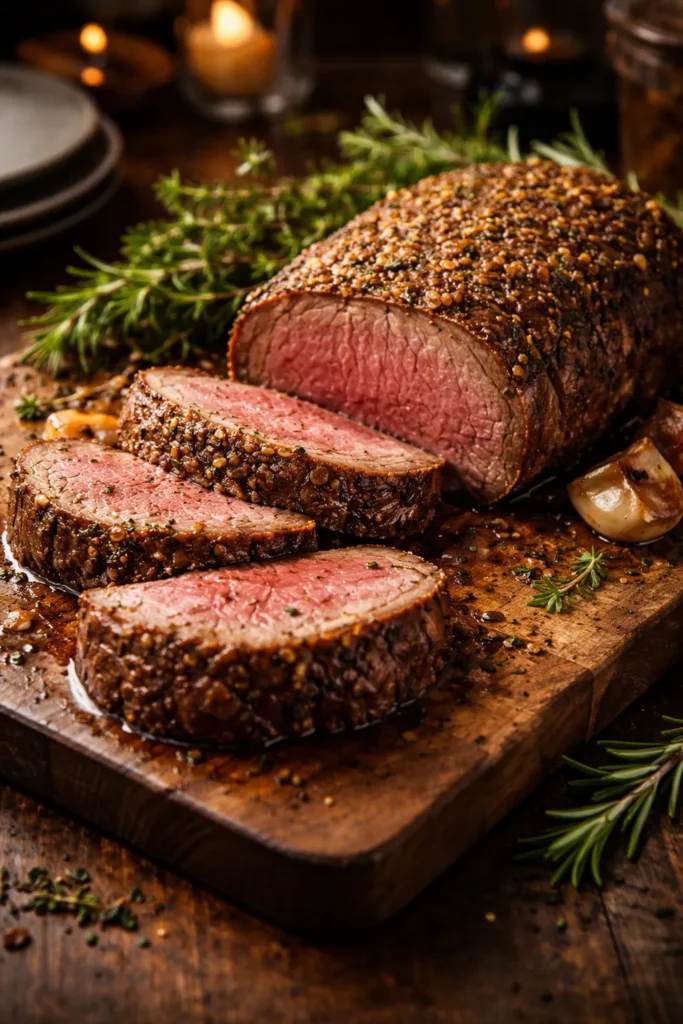 Beef tenderloin medallions with garlic-herb crust on rustic board