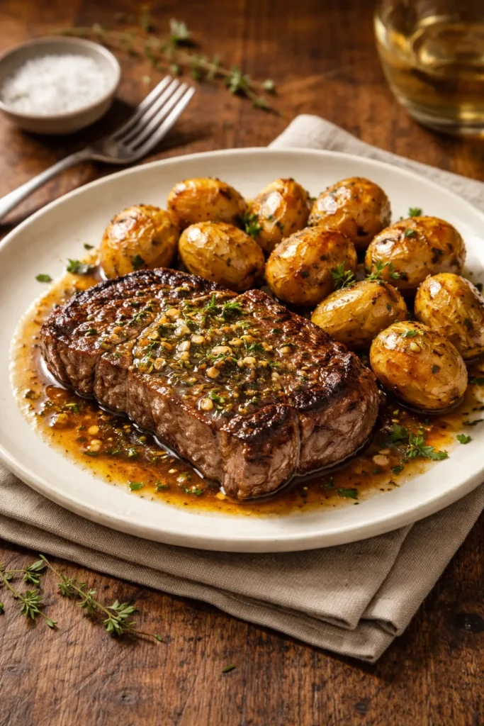 6-ounce garlic herb steak with pan sauce and roasted baby potatoes on plate