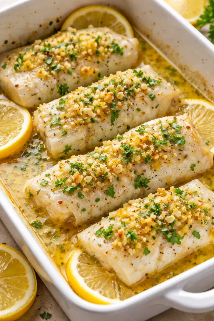 8 Mediterranean Dinner Recipes for Weeknights 3 Cod fillets in a baking dish with garlic-lemon sauce and parsley