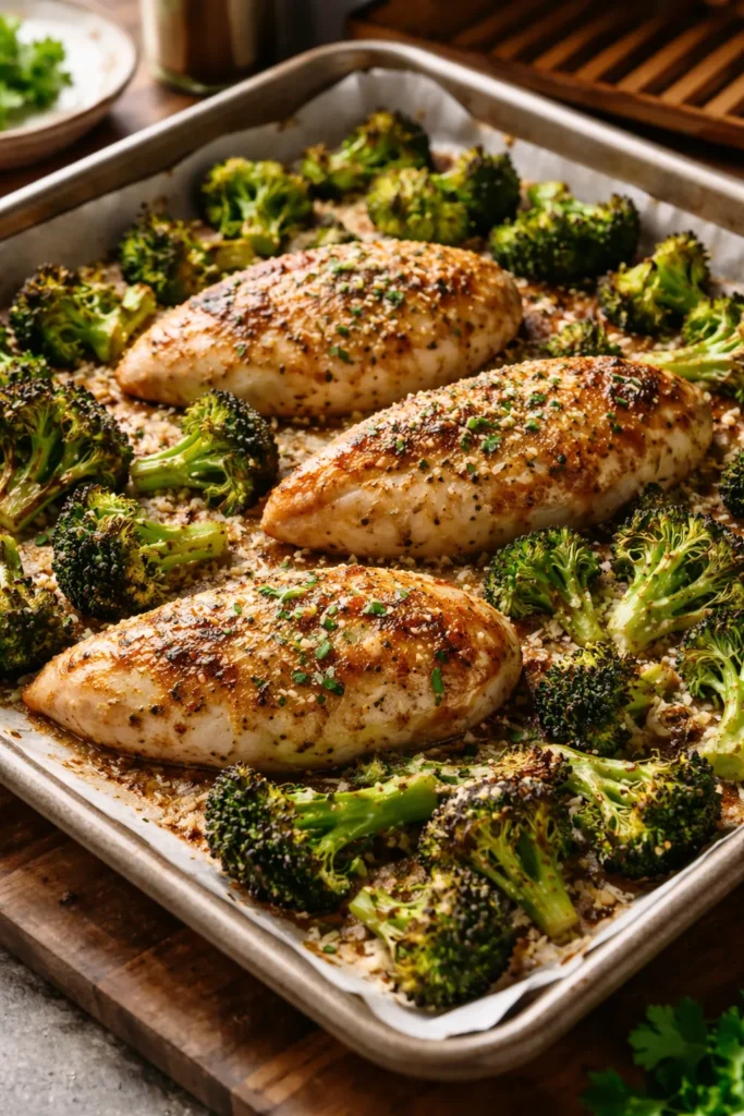 10 Sheet Pan Dinners With Almost No Cleanup 7 Close-up of sheet pan with garlic Parmesan chicken broccoli.