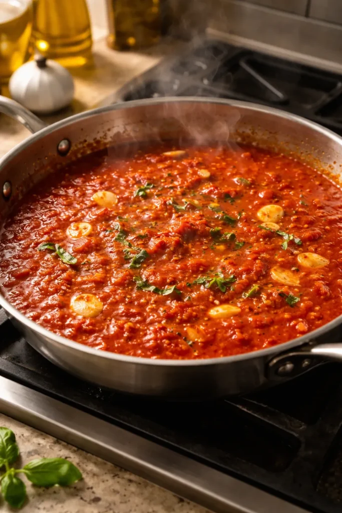 10 Homemade Sauce Recipes for Any Meal 5 Red tomato sauce simmering in a pan with garlic slices