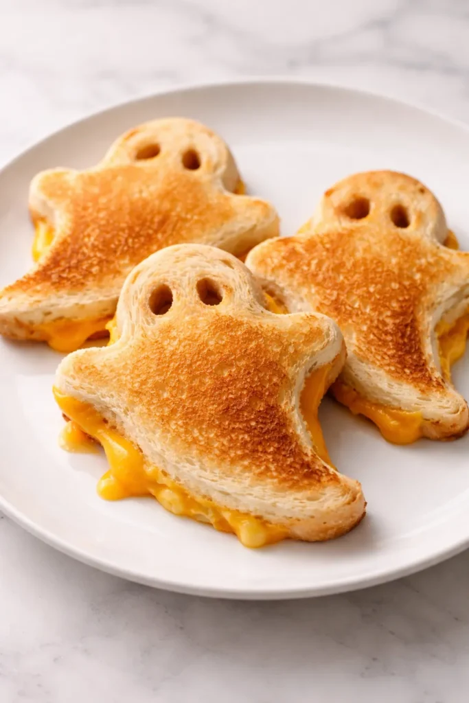 8 Halloween Dinner Ideas Your Kids Will Love 8 Ghost-shaped grilled cheese on plate with melted cheese