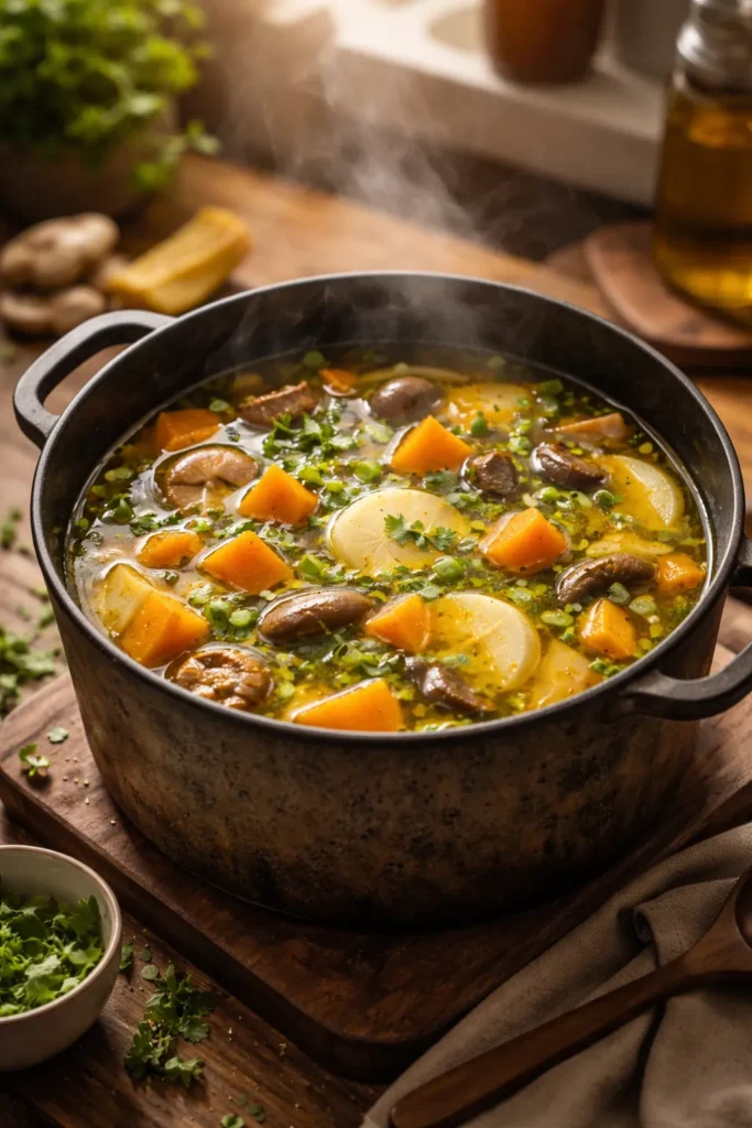 8 Vegetable Soup Recipes for Cold Nights 8 Golden broth with squash and mushrooms in a rustic pot