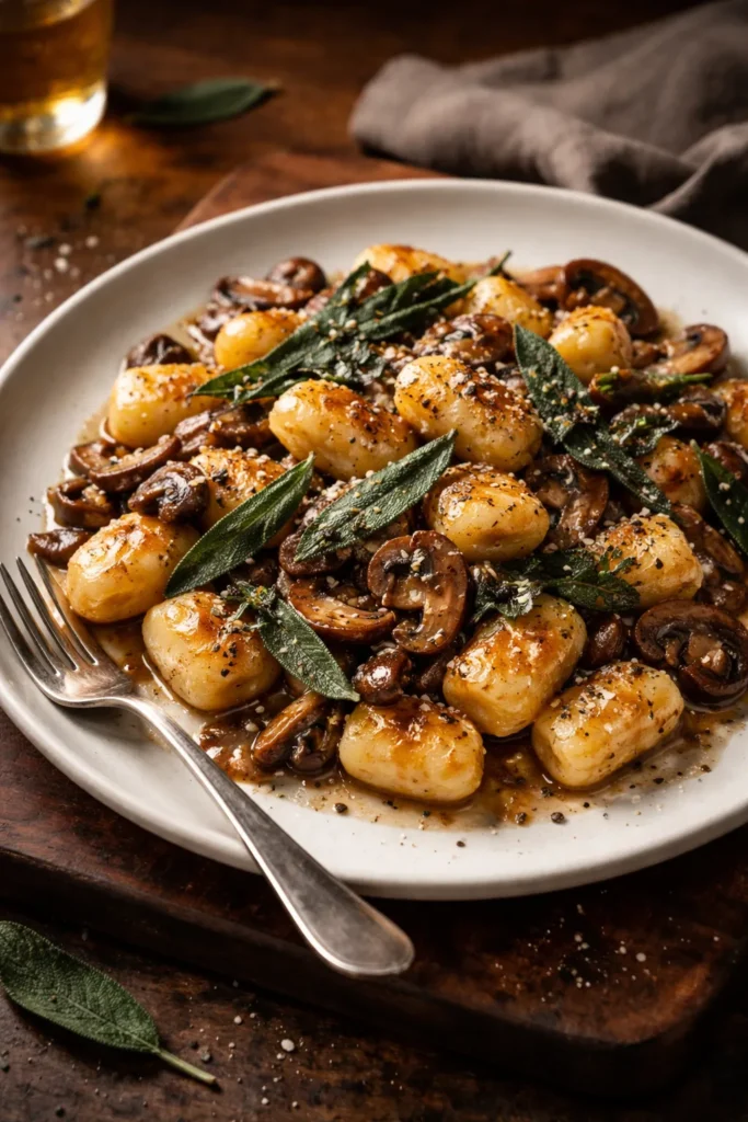 Gnocchi in brown butter with mushrooms and crispy sage