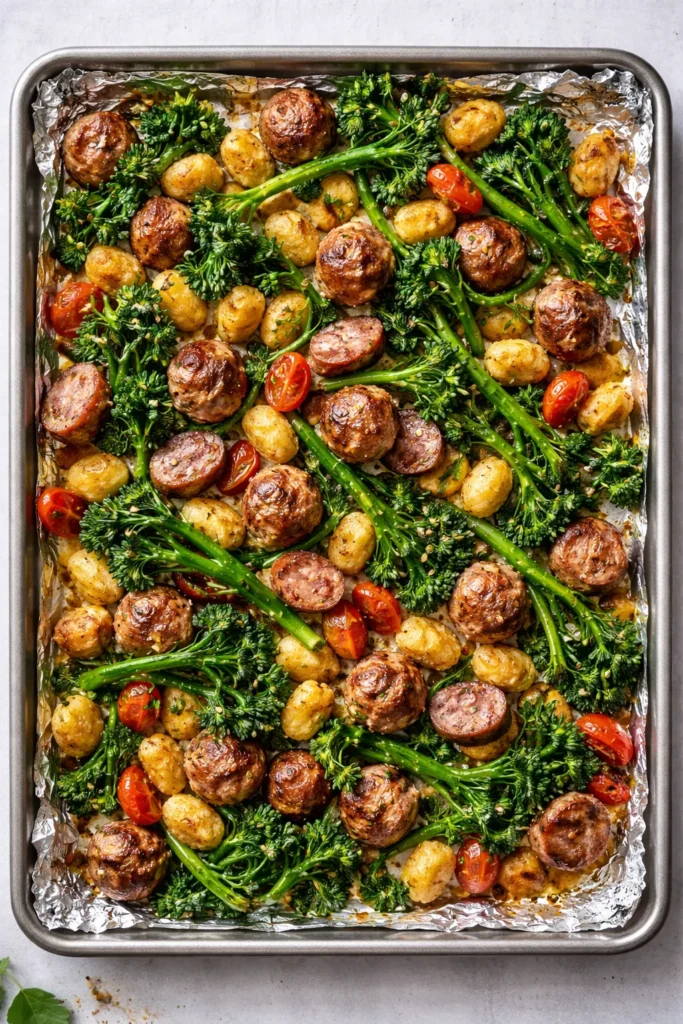 10 Sheet Pan Dinners With Almost No Cleanup 11 Meatball gnocchi with sausage and broccoli rabe on a sheet pan.