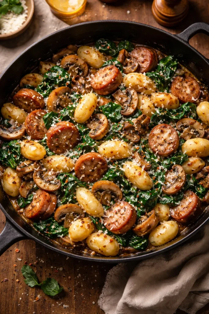 Gnocchi skillet with sausage, mushrooms, spinach and Parmesan