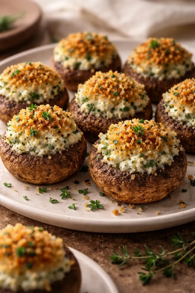 Goat cheese stuffed mushrooms with crispy panko crust and herb flecks on a plate
