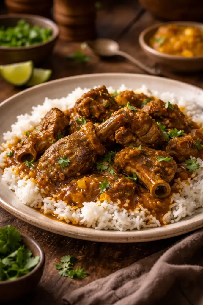 8 Trinidadian Curry and Rice Recipes at Home 6 Goat curry with rice on plate