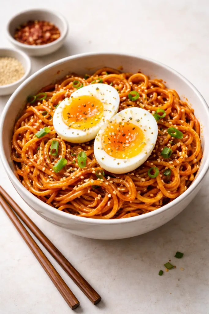 10 Easy Dinners for One That Feel Like a Treat 5 Gochujang noodles with soft-boiled egg in a bowl