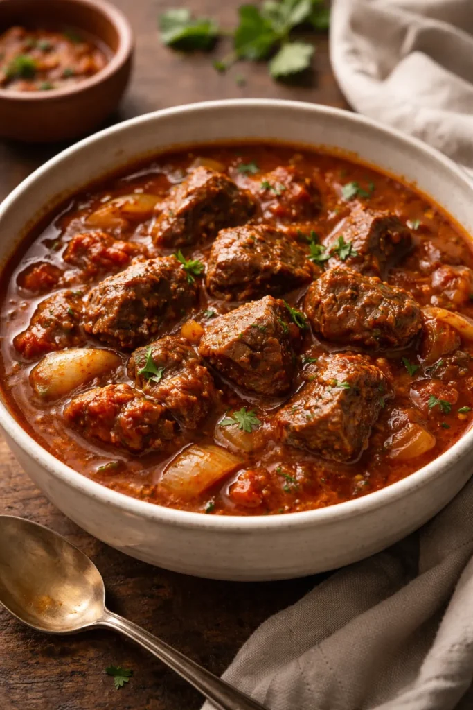10 Slow Cooker Beef Recipes Fork-Tender 9 Bowl of paprika beef goulash with onions in a thick sauce