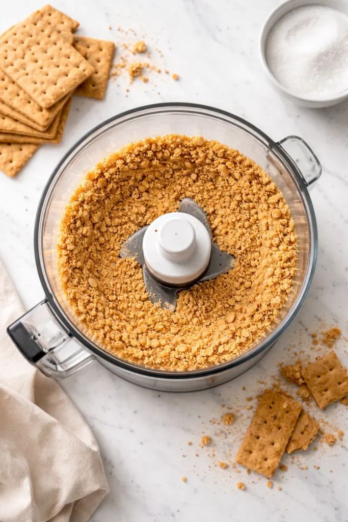 How to Make a Perfect Graham Cracker Crust 4 Food processor crushing graham crackers into fine crumbs for crust