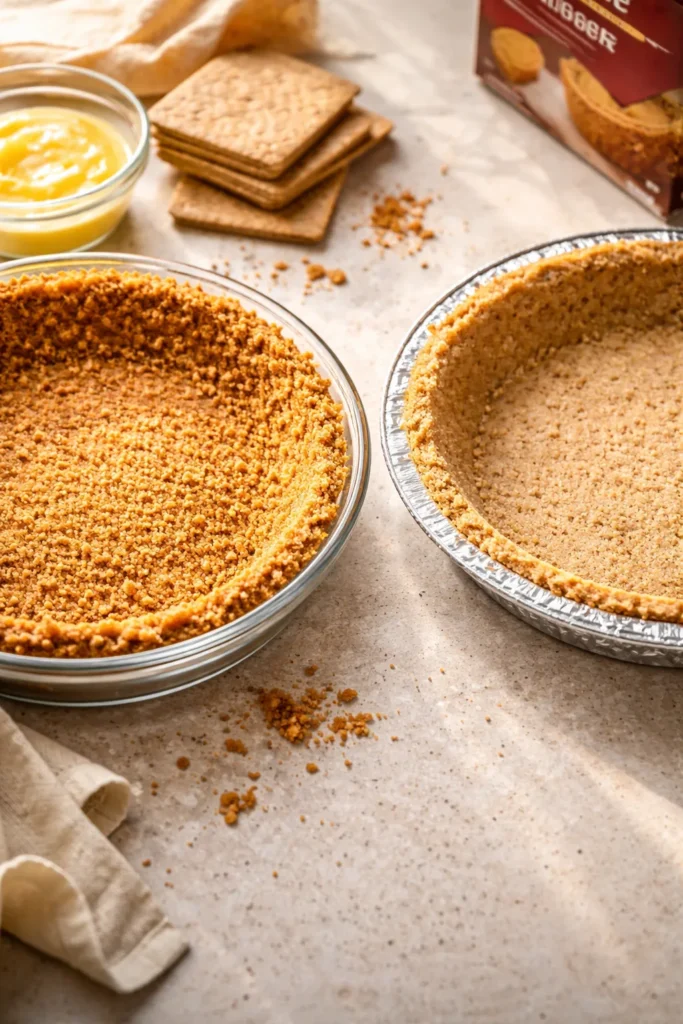 How to Make a Perfect Graham Cracker Crust 1 Side-by-side crusts: homemade graham cracker crust vs store-bought crust, golden brown and pale textures