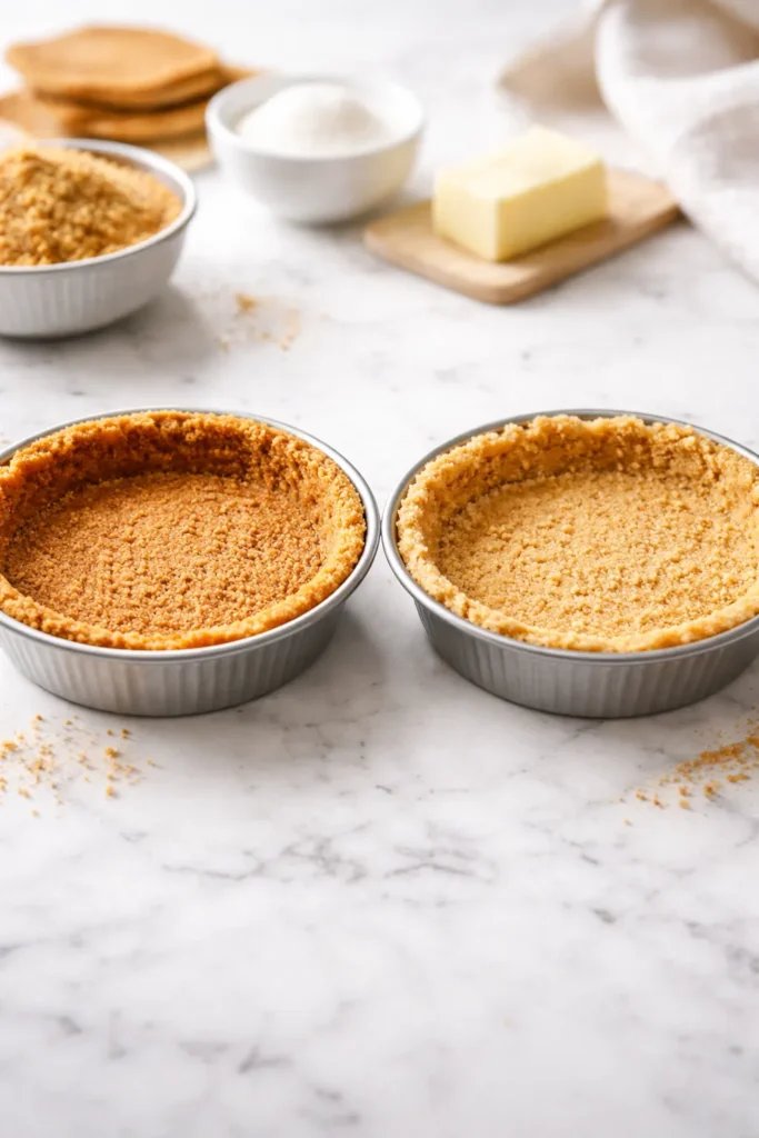 How to Make a Perfect Graham Cracker Crust 8 Split image of baked and no-bake graham crusts to compare textures
