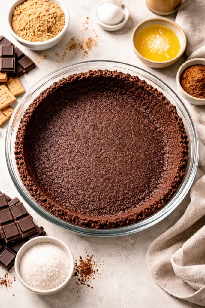 How to Make a Perfect Graham Cracker Crust 15 Chocolate graham crust in a pie dish with rich cocoa color