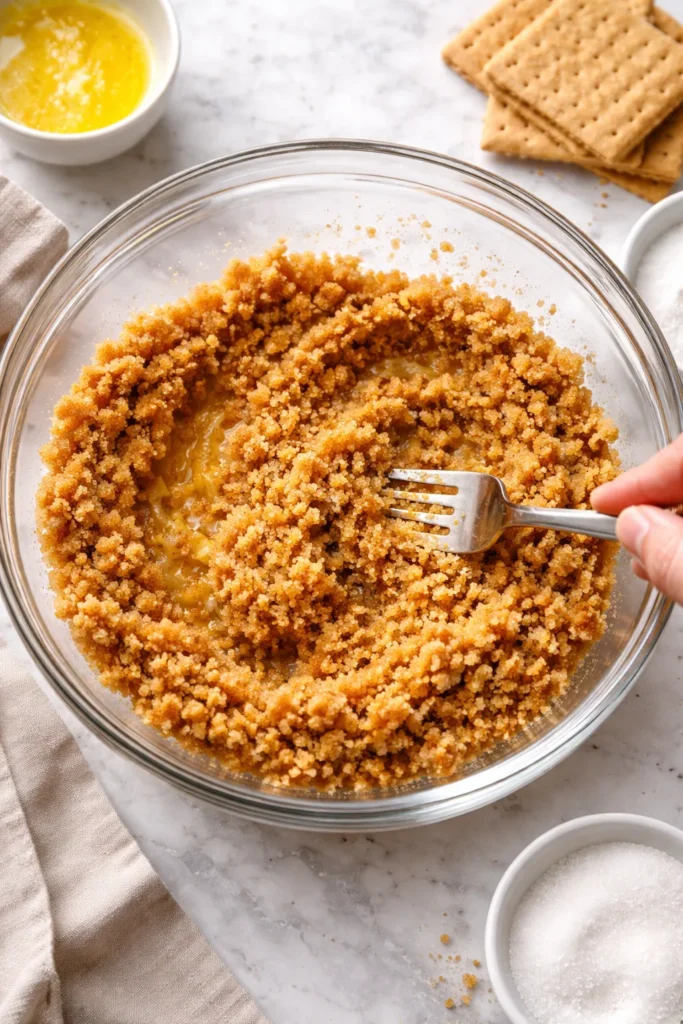 How to Make a Perfect Graham Cracker Crust 5 Crushed graham crackers, sugar, and melted butter being mixed into crust base