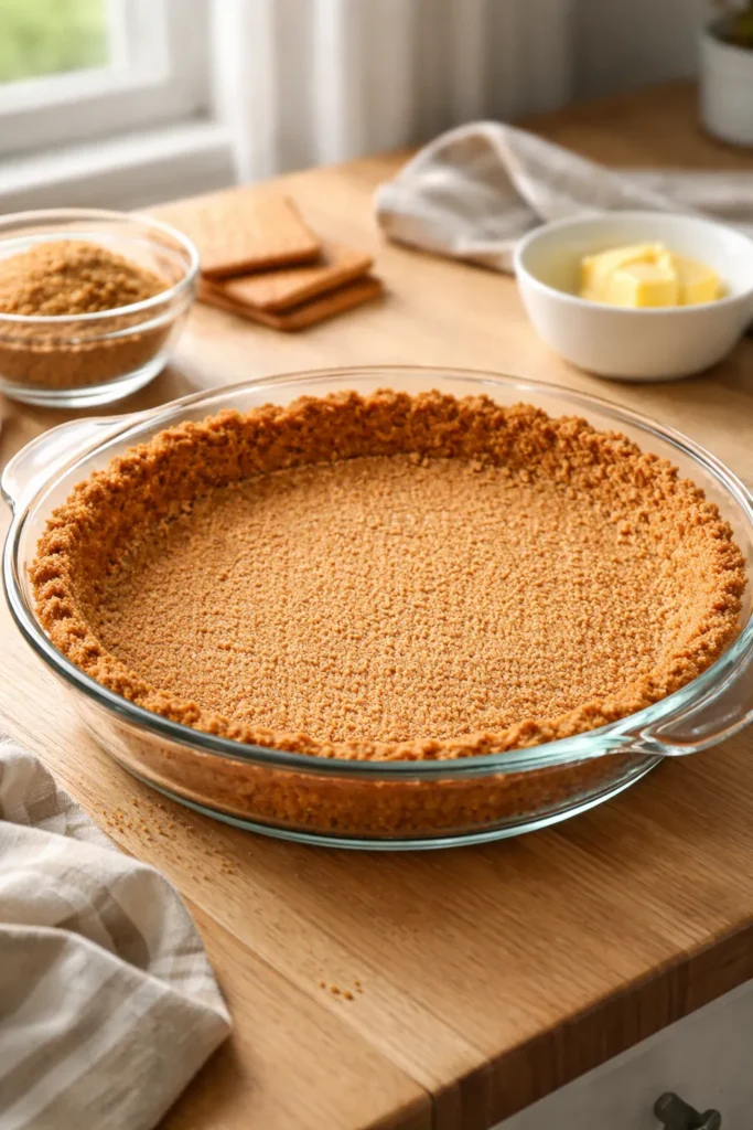 How to Make a Perfect Graham Cracker Crust 13 Close-up of a baked graham cracker crust in a pie dish on a wooden countertop