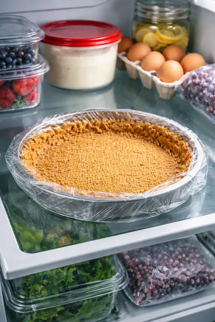 How to Make a Perfect Graham Cracker Crust 11 Graham crust stored in pan with plastic wrap in fridge
