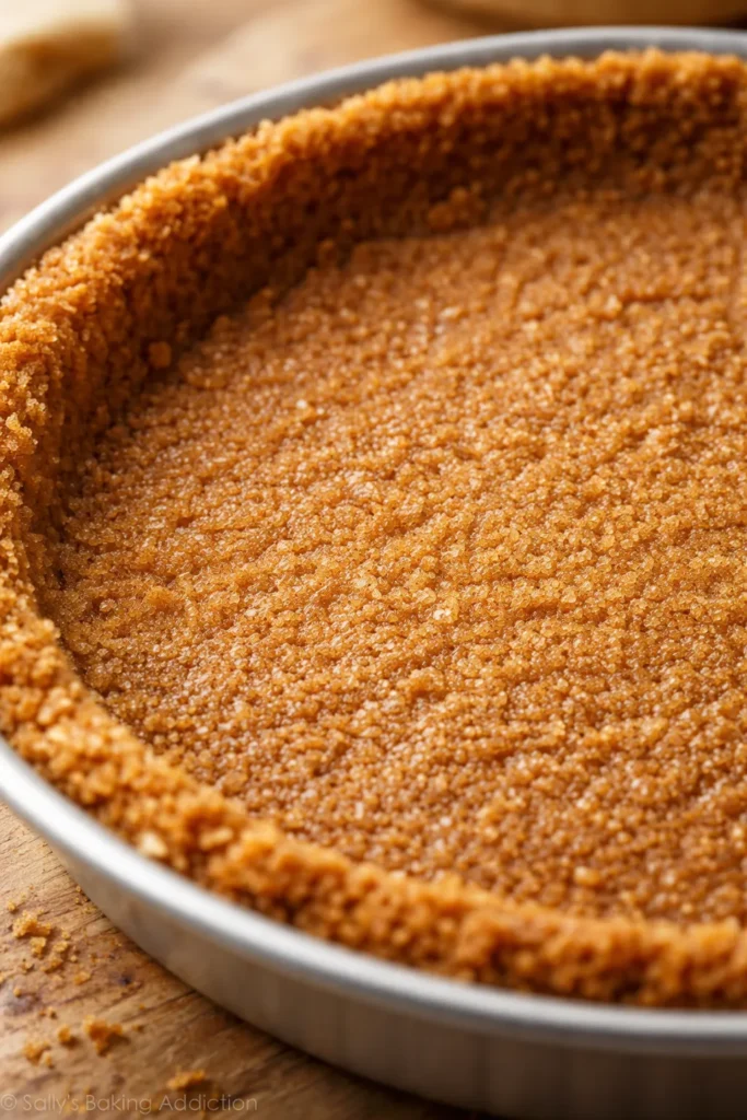 How to Make a Perfect Graham Cracker Crust 7 Close-up of graham crust texture showing crumb variety and buttered surface