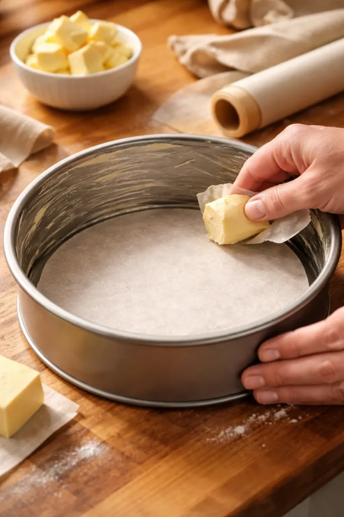 10 Baking Tips Every Beginner Needs to Know 7 Close-up of a greased cake pan with parchment for easy release
