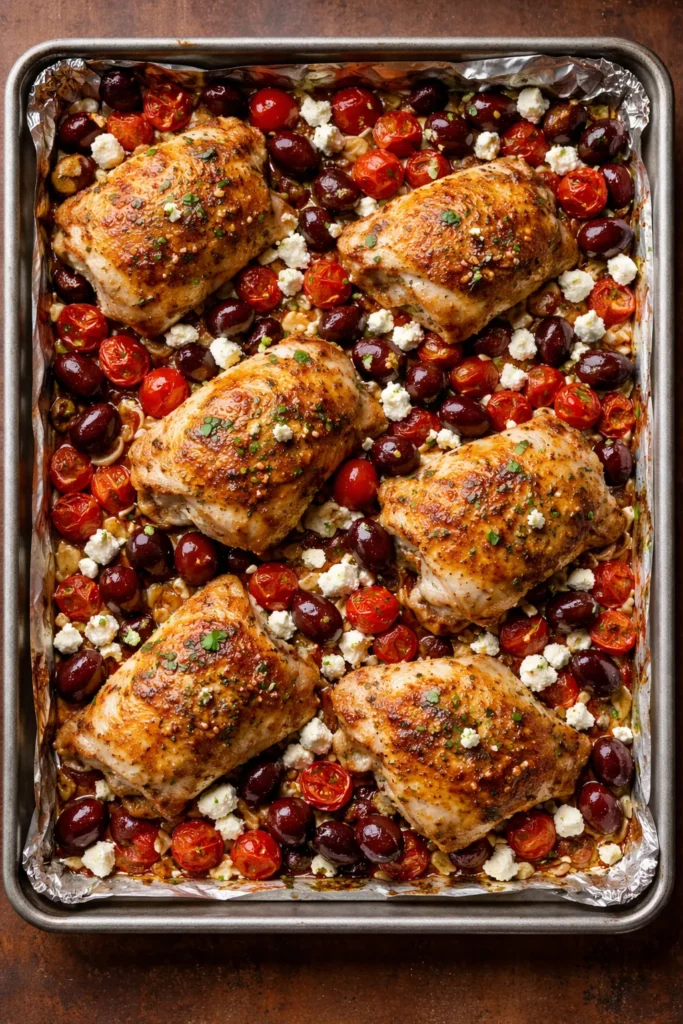 10 Sheet Pan Dinners With Almost No Cleanup 6 Greek chicken thighs with olives and feta on a sheet pan