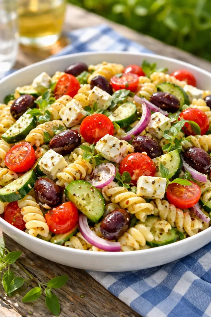 8 Pasta Salad Recipes for Your Next Cookout 6 Greek pasta salad with feta, olives, cucumber, tomato, and oregano vinaigrette
