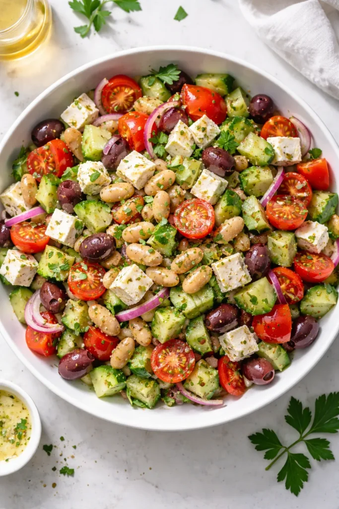 Greek-style chopped salad with white beans and feta