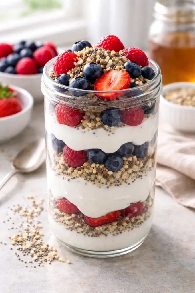 10 High Protein Breakfasts for Busy Mornings 5 Greek yogurt parfait with hemp seeds chia and berries in a jar