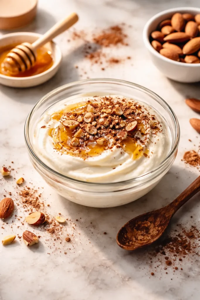 Close-up of creamy Greek yogurt with honey and nut toppings