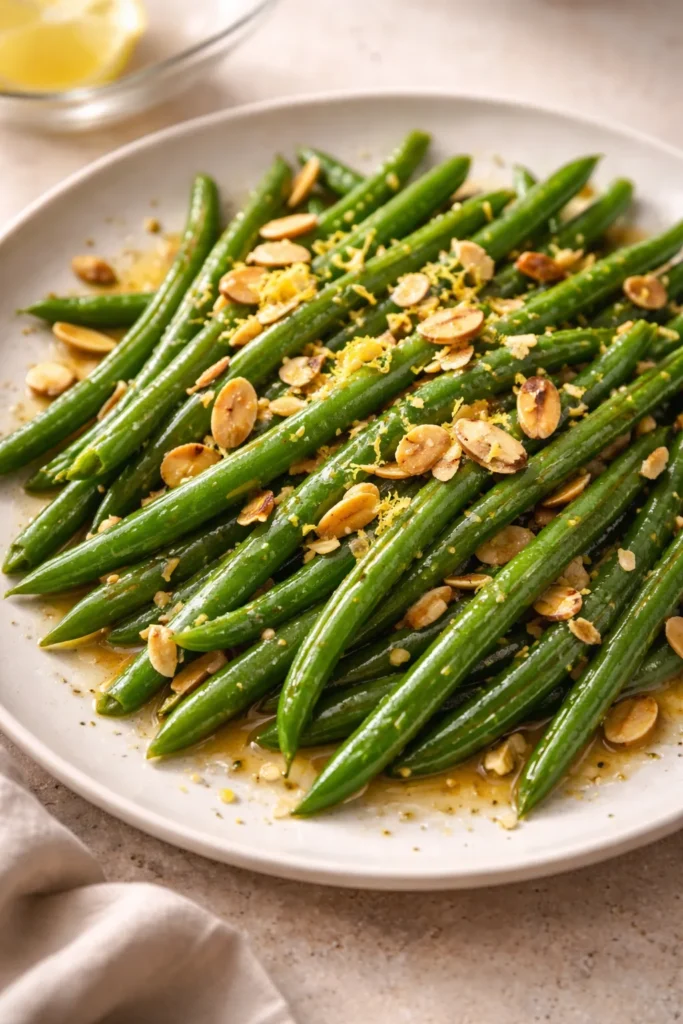 10 Veggie Sides That Outshine the Main Dish 5 Green beans almondine with toasted almonds and lemon zest on plate